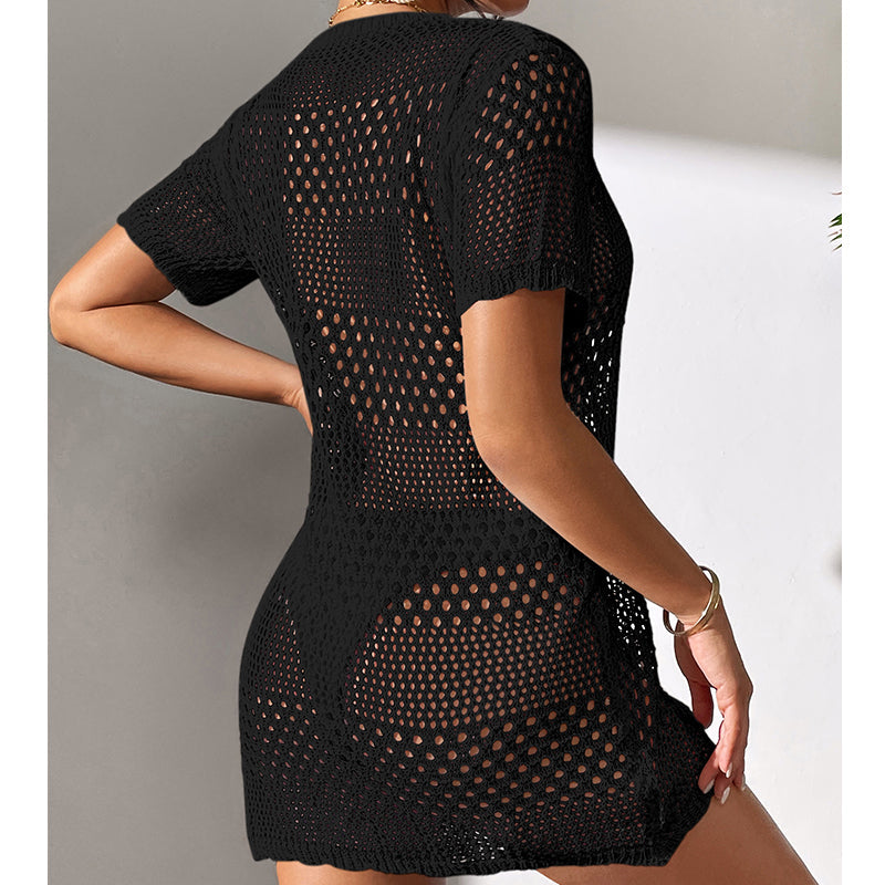 Women Clothes Sexy Cutout Short Sleeve Casual Bikini Cover Up Swimsuit Blouse Beach Sun Protection Shirt Crochet hook Bella Mia
